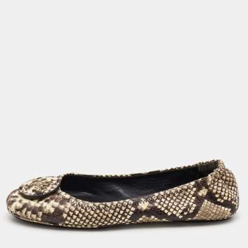 Pre Owned Tory Burch Beige/Brown Python Embossed Leather Ballet Flats Size 39.5
