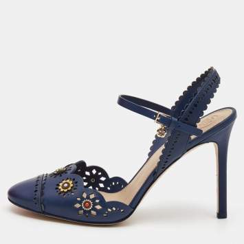 Pre Owned Tory Burch Blue Leather Floral Appliquéd Scalloped Marguerite Ankle Strap Sandals Size 39