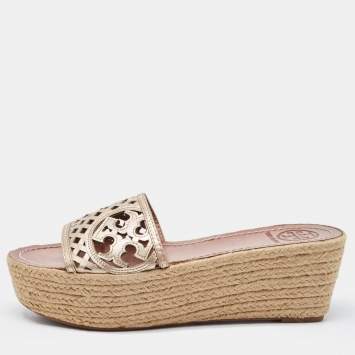 Pre Owned Tory Burch Metallic Leather Platform Wedge Sandals Size 39