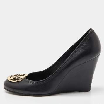 Pre Owned Tory Burch Black Leather Sally Wedge Pumps Size 38.5