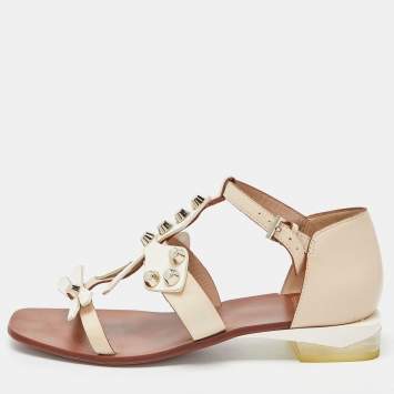 Pre Owned Tory Burch Beige/White Leather Studded Strap Flat Sandals Size 37.5