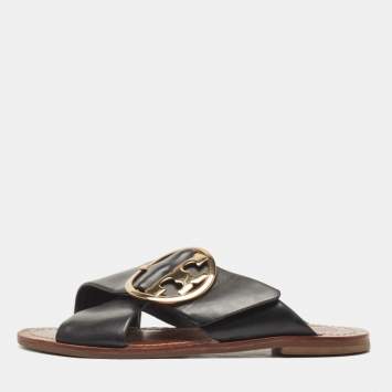 Pre Owned Tory Burch Black Leather Thame Logo Detail Criss Cross Flat Slides Size 37.5