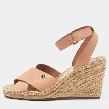 Pre Owned Tory Burch Pink Leather Bima Espadrille Wedge Sandals Size 38