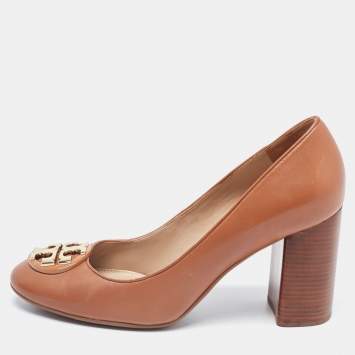Pre Owned Tory Burch Brown  Janey Buckle Detail Block Heel Pumps Size 37.5
