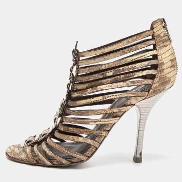 Pre Owned Tory Burch Beige Snakeskin Embossed Nubuck Leather Gladiator Buckle Sandals Size 37  