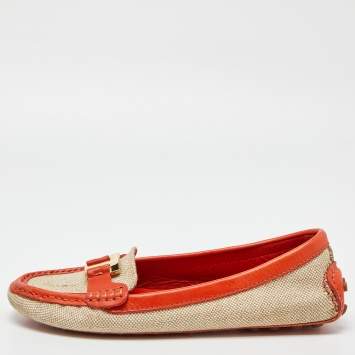 Pre Owned Tory Burch Beige/Orange Canvas and Leather Casey Loafers Size 37.5
