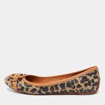 Pre Owned Tory Burch Black/Brown Printed Straw and Leather Aaden Ballet Flats Size 38.5
