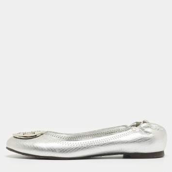 Pre Owned Tory Burch Silver Leather Lowell Scrunch Ballet Flats Size 36.5