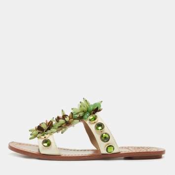 Pre Owned Tory Burch White Patent Leather Floral Crystals Studded Flat Slides Size 36 
