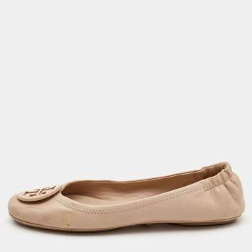 Pre Owned Tory Burch Beige Leather Caroline Ballet Flats Size 37.5