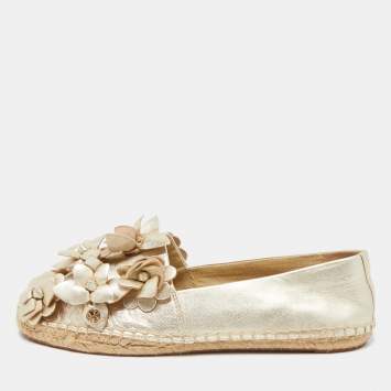 Pre Owned Tory Burch Gold Leather Blossom Espadrille Flats Size 39