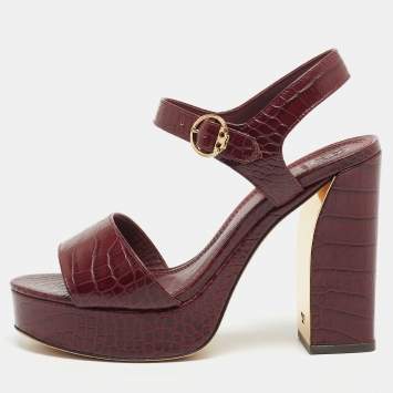 Pre Owned Tory Burch Burgundy Croc Embossed Leather Maritine Sandals Size 39