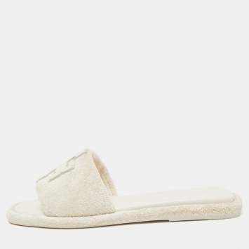 Pre Owned Tory Burch White Fabric Terry Logo Flat Slides Size 37