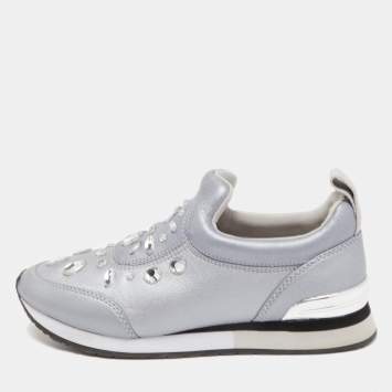 Pre Owned Tory Burch Metallic Grey Leather Laney Crystal Embellished Slip On Sneakers Size 37.5
