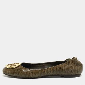 Pre Owned Tory Burch Olive Green Lizard Embossed Leather Minnie Ballet Flats Size 39.5 
