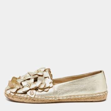 Pre Owned Tory Burch Gold Leather Blossom Espadrille Flats Size 36.5
