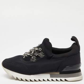 Pre Owned Tory Burch Black Neoprene Rosas Embellished Runner Sneakers Size 36