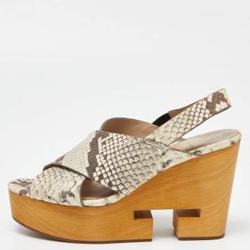 Pre Owned Tory Burch Beige Python Embossed Cork Wedge Strappy Platform Sandals Size 38.5