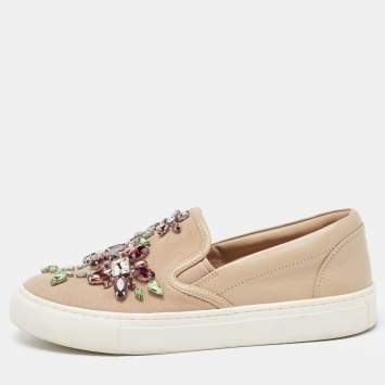 Pre Owned Tory Burch Beige Leather and Suede Crystal Embellished Slip On Sneakers Size 36.5