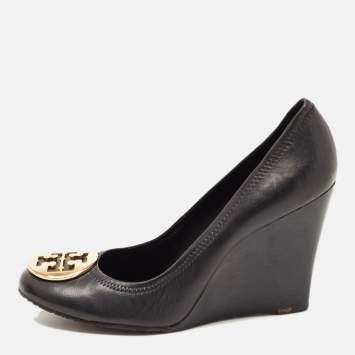 Pre Owned Tory Burch Black Leather Chelsea Wedge Pumps Size 40.5