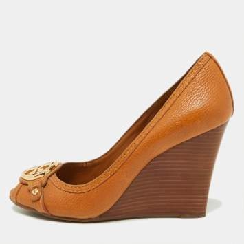 Pre Owned Tory Burch Brown Leather Leticia Peep Toe Wedge Pumps Size 38.5