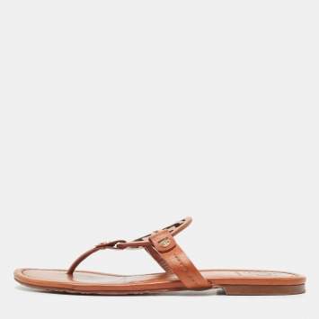 Pre Owned Tory Burch Brown Leather Thong Flat Slides Size 36.5