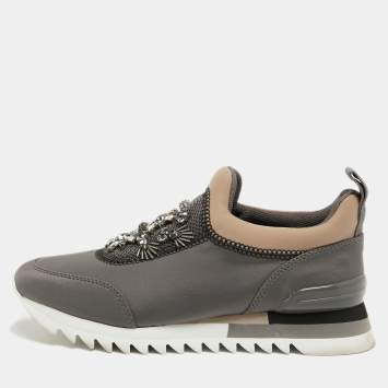 Pre Owned Tory Burch Grey/Beige Neoprene And Mesh Storm Cloud Crystal Embellished  Slip On Sneakers Size 38