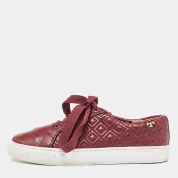 Pre Owned Tory Burch Red Quilted Leather Marion Lace Up Sneakers Size 39
