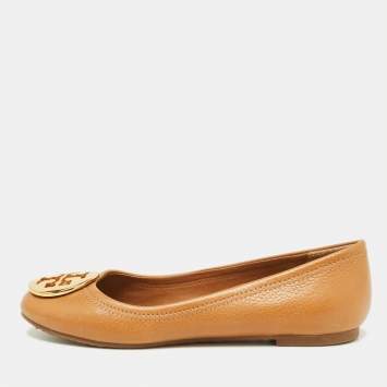 Pre Owned Tory Burch Brown Leather Reva Pebbled Ballet Flats Size 35.5