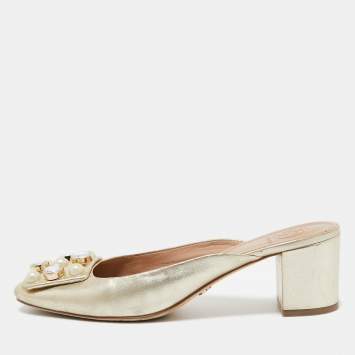 Pre Owned Tory Burch Gold Leather Vail Block Heel Mules Size 37.5 