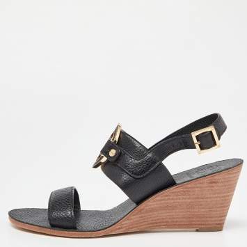 مملوكة مسبقًا Tory Burch Black Leather Wedge Slingback Sandals Size 38.5 