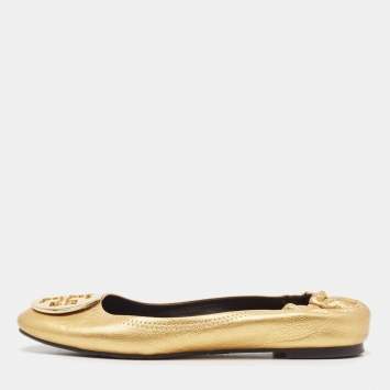 Pre Owned Tory Burch Gold Leather Reva Scrunch Ballet Flats Size 38.5