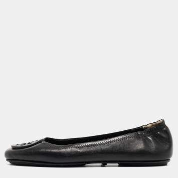 Pre Owned Tory Burch Black Leather Minnie Scrunch Ballet Flats Size 37.5