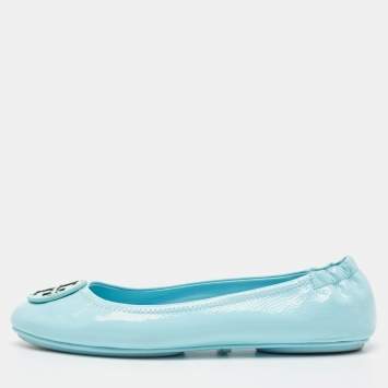Pre Owned Tory Burch Blue Patent Leather Minnie Travel Ballet Flats Size 39