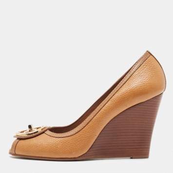 Pre Owned Tory Burch Brown Leather Selma Wedge Pumps Size 39.5 