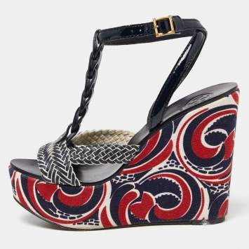 Pre Owned Tory Burch Navy Blue Braided Leather Platform Wedge Sandals Size 41