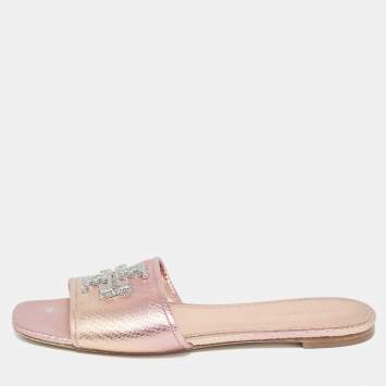 Pre Owned Tory Burch Rose Gold Python Embossed Leather Ines Flat Slides Size 39.5