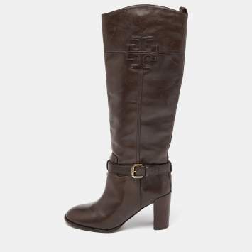 Pre Owned Tory Burch Brown Leather Knee Length Boots Size 38.5