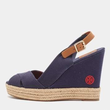 Pre Owned Tory Burch Navy Blue Denim Espadrille Wedge Sandals Size 38.5
