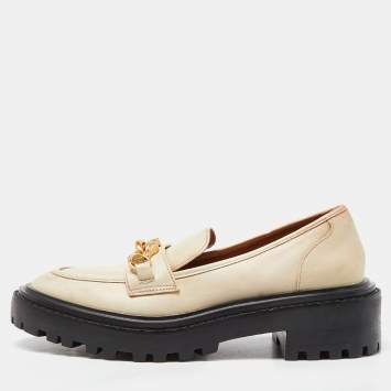 Pre Owned Tory Burch Beige Leather Platform Loafers Size 36.5