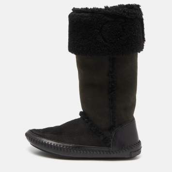 Pre Owned Tory Burch Olive Green/Black Suede and Leather Knee Length Snow Boots Size 39