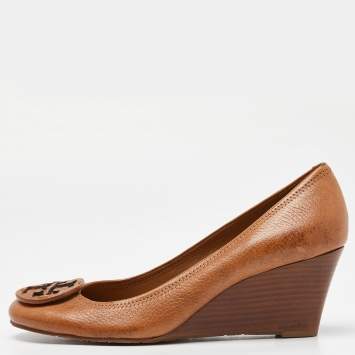 Pre Owned Tory Burch Brown Leather Sally Wedge Pumps Size 40.5