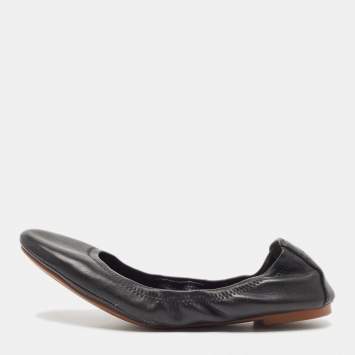 Pre Owned Tory Burch Black Leather Scrunch Ballet Flats Size 38.5