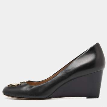 Pre Owned Tory Burch Black Leather Wedge Pumps Size 36.5