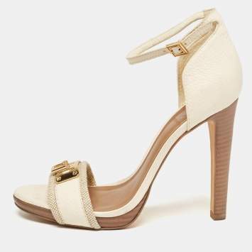 مملوكة مسبقًا Tory Burch White Leather and Canvas Lock Ankle Strap Sandals Size 38.5