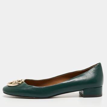Pre Owned Tory Burch Green Leather Benton Ballet Flats Size 38.5