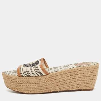 Pre Owned Tory Burch White/Brown Canvas and Leather Espadrille Platform Wedge Slide Sandals Size 37.5