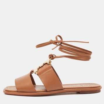 Pre Owned Tory Burch Brown Leather Gemini Link Flat Sandals Size 37.5