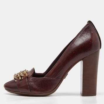 Pre Owned Tory Burch Burgundy Leather Chain Detail Block Heel Pumps Size 39.5