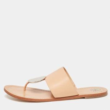 مملوكة مسبقًا Tory Burch Peach Pink Leather Patos Disk Thong Flats Size 40